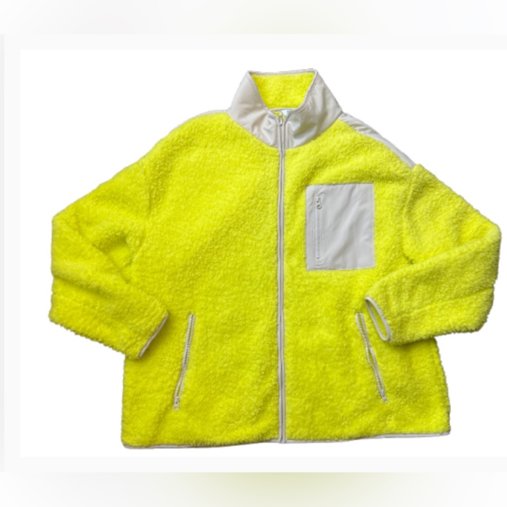 Crown & Ivy Casual Athletic Fleece Sherpa Jacket Neon Yellow - Picture 2 of 9